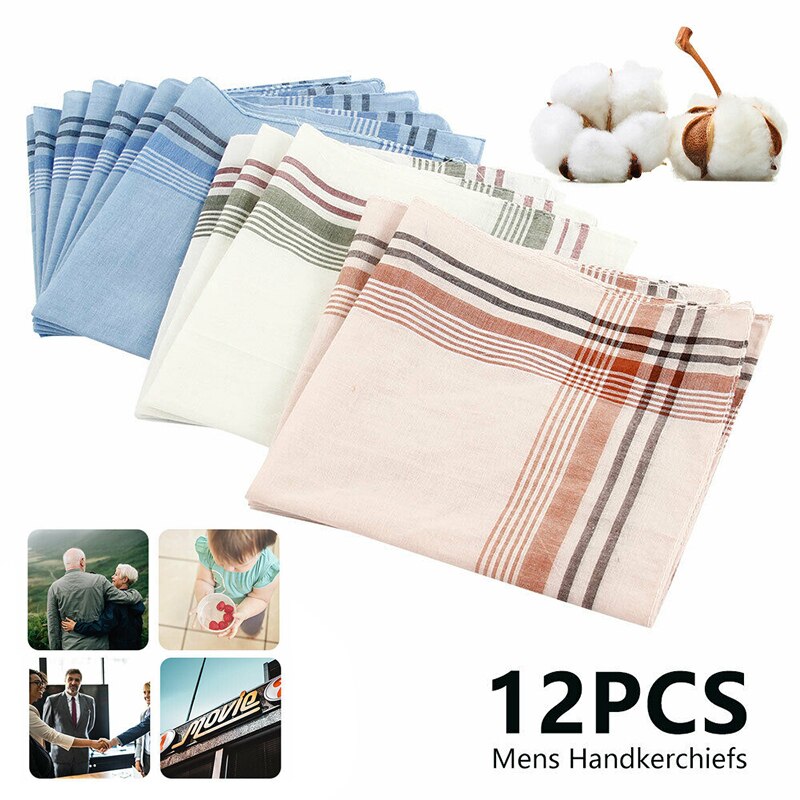 12pcs Gentlemens Suit Handkerchiefs Mens Pure Cotton Hand Towel Blend Plaid Hankies Square Multicolor Stripe Chest Towel