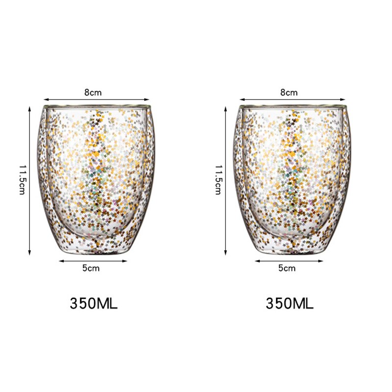 Taza de café de vidrio transparente, vaso de cristal resistente al calor de doble fondo, creativa estrella del cielo, Taza de leche de lentejuelas para whisky y cerveza, 2 uds.: 350ml