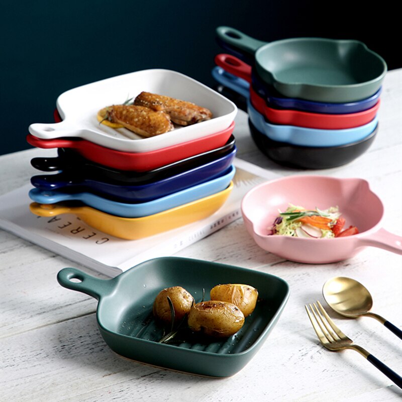 Nordisk ugnstallrik rund fyrkantig dubbelöra med handtag keramisk servis modern hem frukost salladstallrik