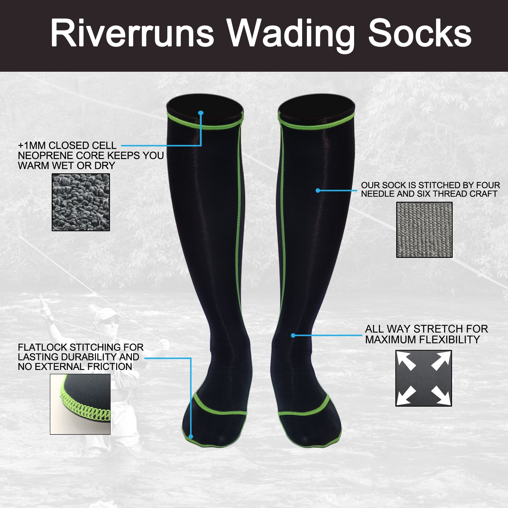 F Riverruns Frictionless Wading Socks, Neoprene Wet-suit Wader socks for Men and Women Outdoor Fishing, Surfing, Wakeboarding.