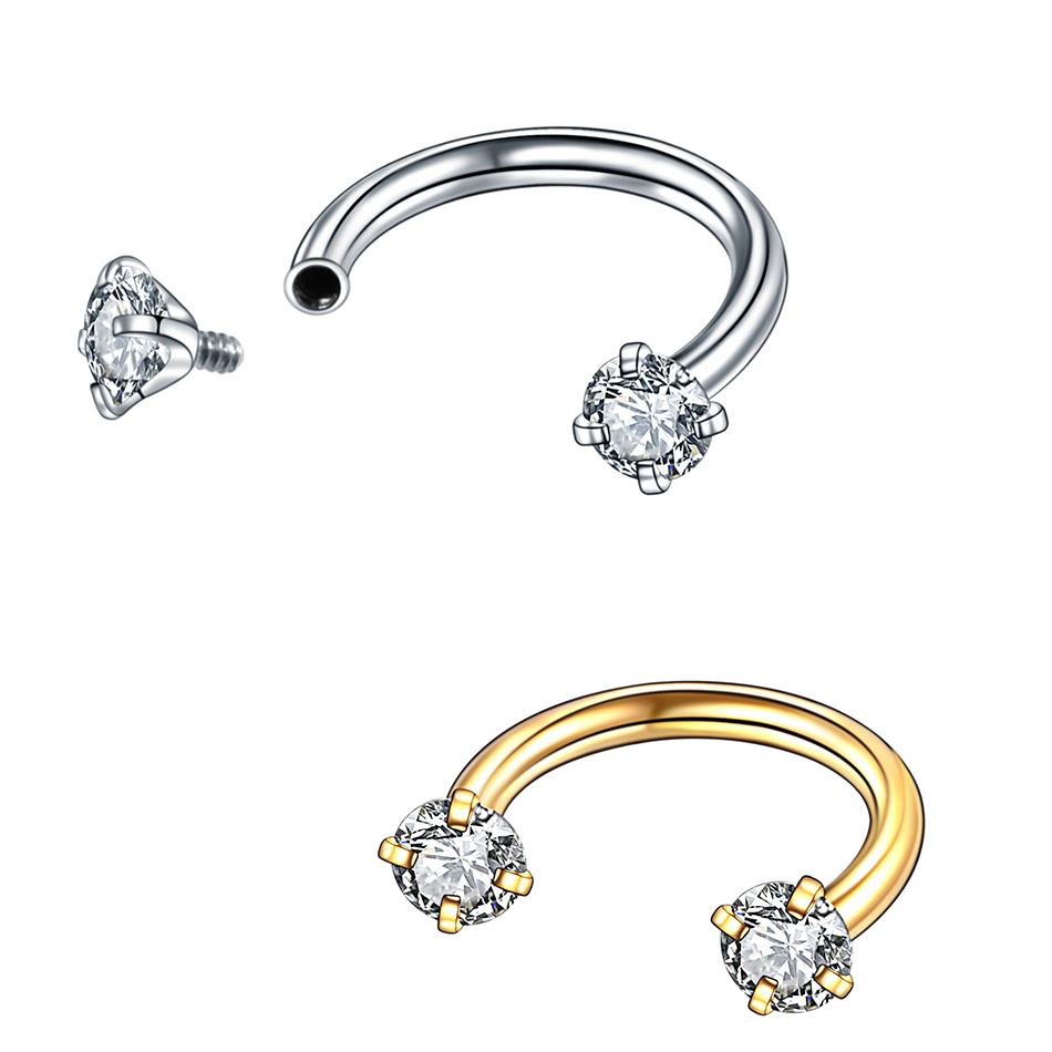 Anillo de herradura de titanio para nariz, conjunto de puntas para Piercing de tabique nasal, circonita redonda, cartílago de la oreja, Tragus Daith, joyería para Piercing corporal, 1 ud.: Verde / Rodio plateado
