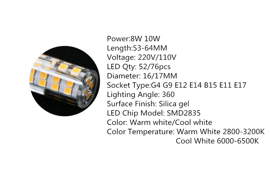 YOU G4 G9 E14 E12 B15 E11 E17 LED Bulb 220V/110V LED Corn Bulbs 8W 10W Light Bulbs 52/76LED 360 Degree 2835SMD 76LED