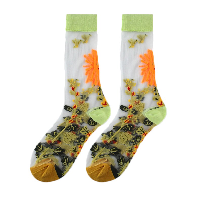 Calcetines divertidos de pájaro Floral de seda de cristal con Hipster francés para mujer, ropa de calle transparente, Calcetines divertidos artísticos de Jacquard Sokken: Gris
