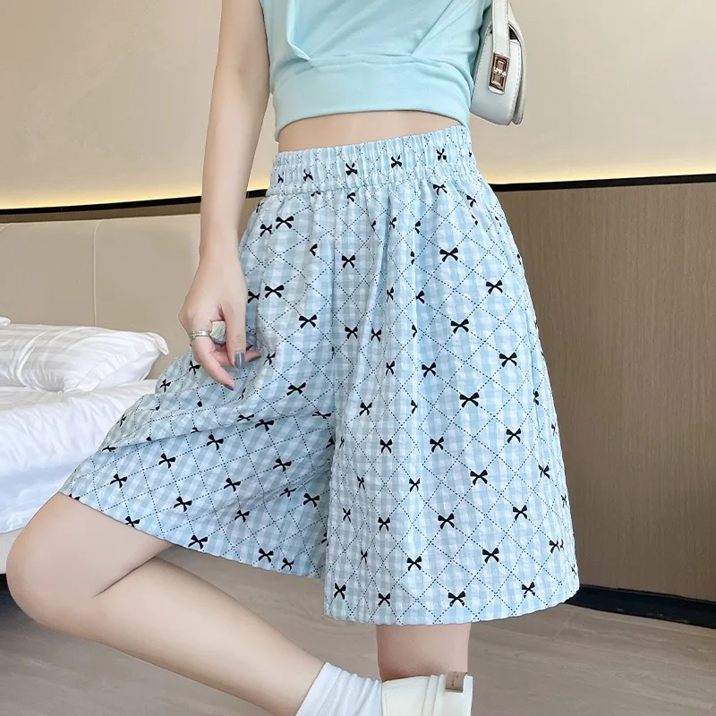Geruite Elastische Taille Sportbroek Dames Koreaanse Stijl Casual Wijde Broek Mode Veelzijdige Dagelijkse Lieve Meisjes Shorts Dames: M / Lichtblauw