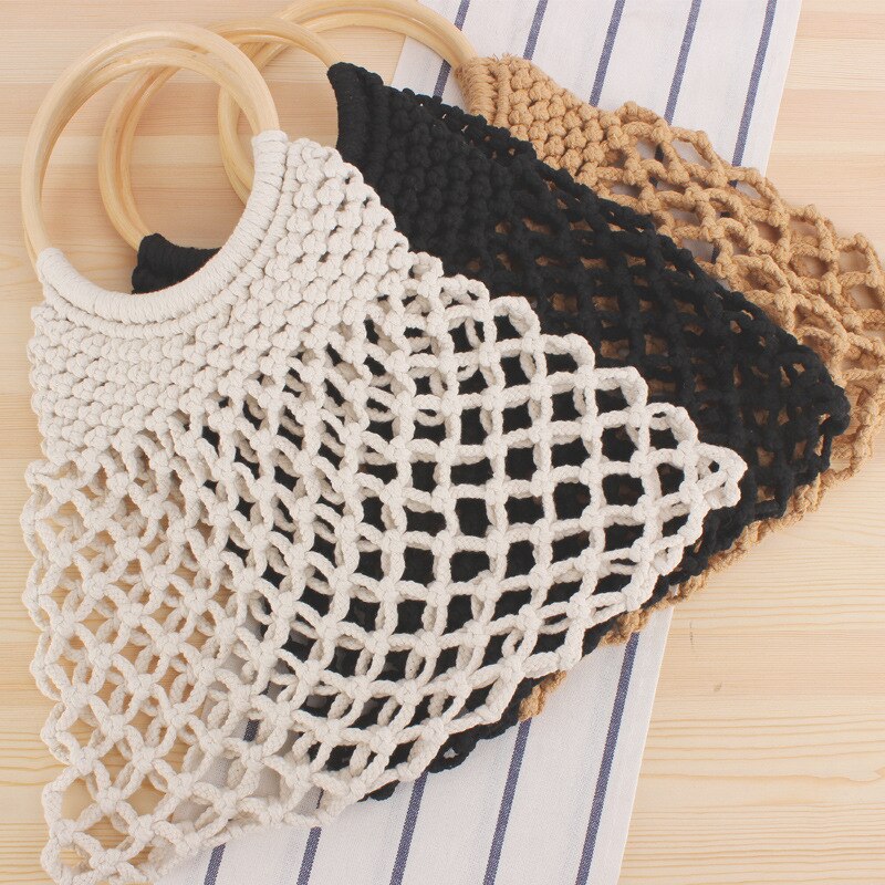 Hollow Out Katoen Strand Tas Dames Handtassen Bohemian Houten Handvat Reizen Tote Grote Capaciteit Visnet Vrouwen Boodschappentas w344