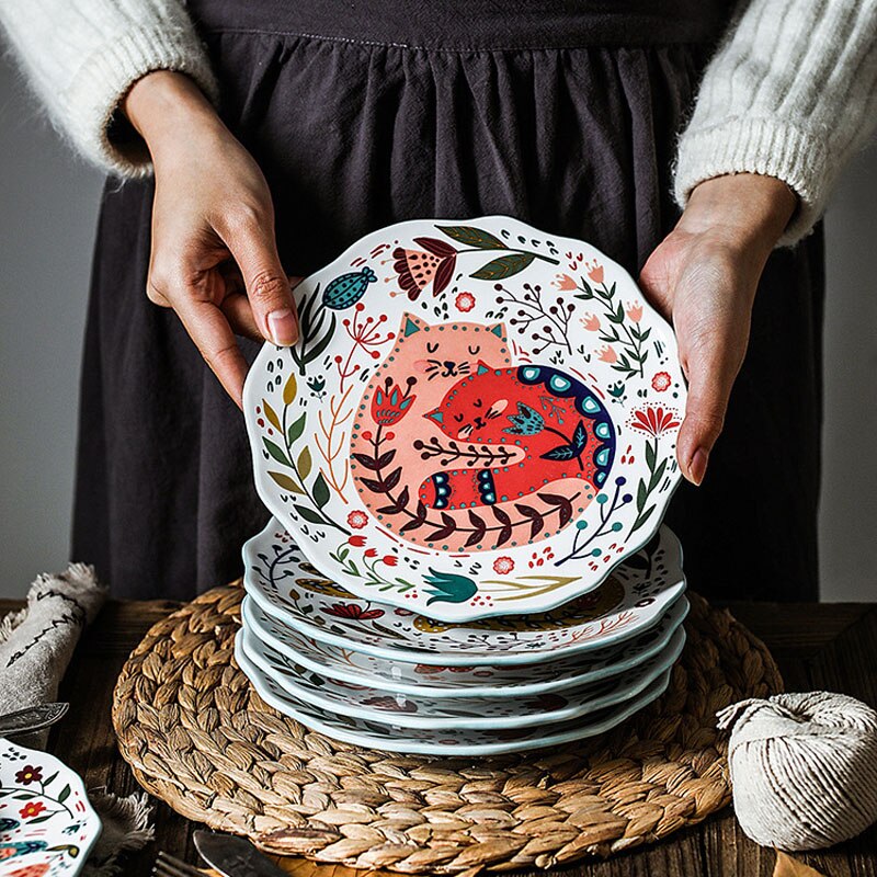 8 inch Colorful Cat Dinner Plate Under-Glazed Ceramic Dinner Dishes Dessert Tray Flower Kitten Dinnerware Microwave Safe