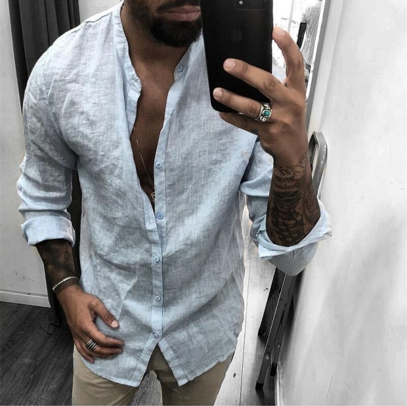 Plus size skjorter herre bluse almindelig langærmet skjorte herre åndbare toppe high fashion tøj mænd casual top slim fit bluser: Lyseblå / Xxxl