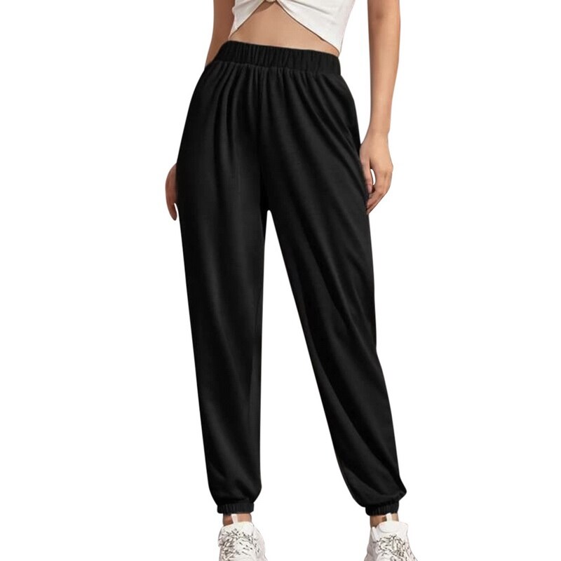 Effen kleur joggingbroeken hoge taille lange baggy broek dames casual joggingbroek dans losse broeken hip streetwear: Zwart / S