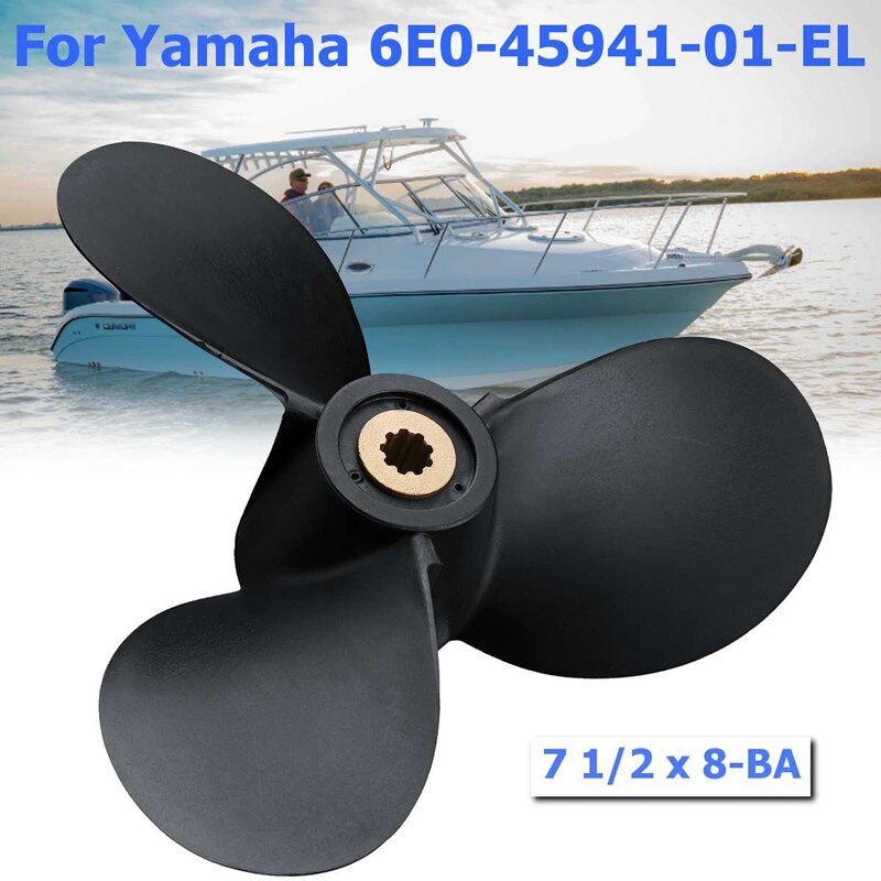 Outboard Propeller 6E0-45941-01-El 7 1/2X8-Ba for Yamaha 4Hp-6Hp Plastic Alloy 3 Blade Black 9 Spline Tooth