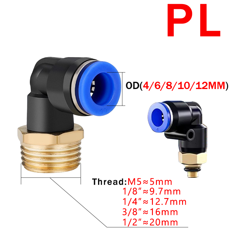 20/50/100PCS Pneumatic Air Connector PL 4 6 8 10 12mm Thread 1/8 1/4" 3/8" 1/2" Trachea Elbow Air Fittings Hose Quick Connecto
