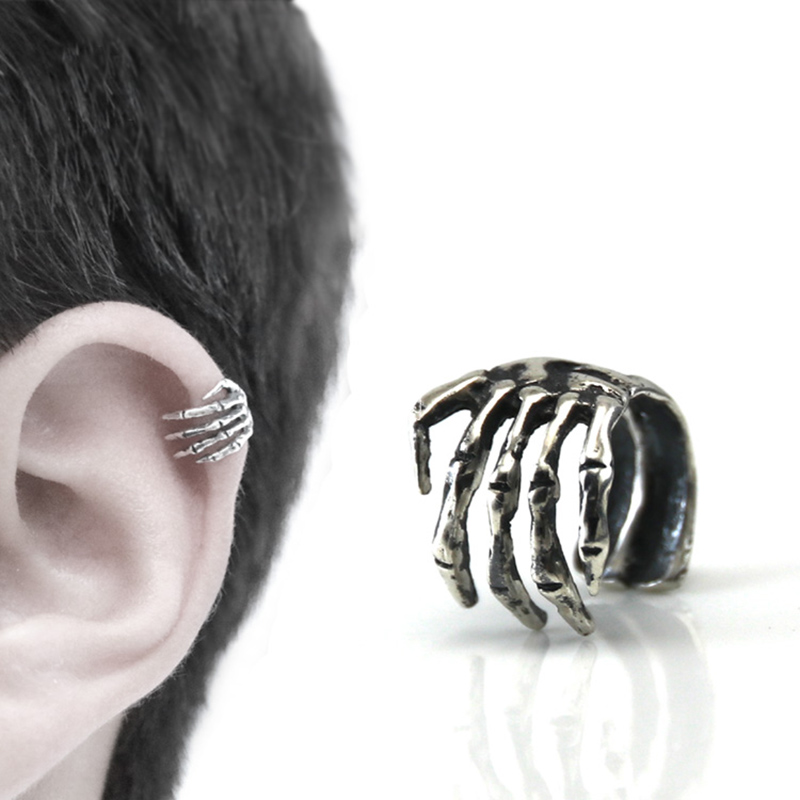 Punk Old Silver Color Skeleton Finger Hand Stud Earring Clip Ear Cuff Punk Skull Hand Shape Ear Cuffs Studs Earring 1PC