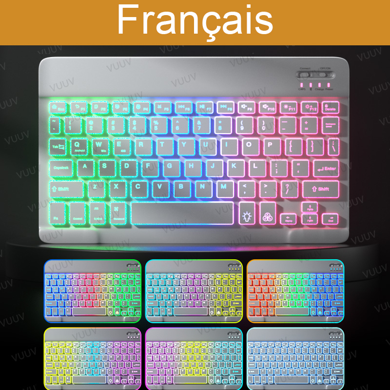 Teclado retroiluminado de arco iris para tableta, teléfono, portátil, español, ruso, portugués, inalámbrico, Bluetooth, para Xiaomi, Samsung: White 01 French