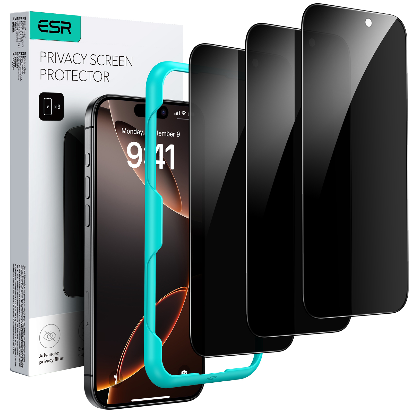 ESR voor iPhone 16 Pro Max HD Screenprotector voor iPhone 14/15/16 plus/16E Volledige dekking Anti-Peek Gehard glas 3-packs film