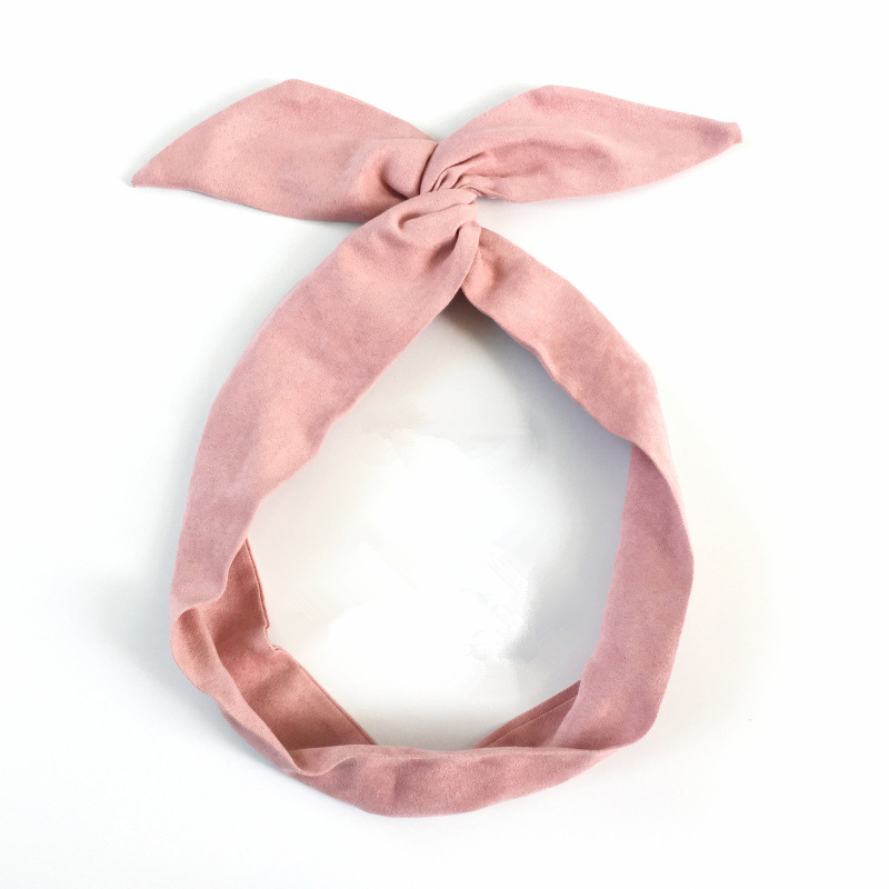 Ruban d'oreille de lapin en daim de couleur unie pour femmes, bandeau pour cheveux, nœud papillon croisé, écharpe en fil métallique, accessoires pour cheveux pour filles: Rose