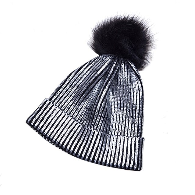 Kvinner jenter vinter varm metallisk skinnende strikket heklet lue med pom pom: Sølv