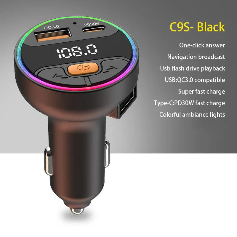 Bluetooth 5.3 fm- sendermodulator, trådløs bil, usb-hurtigopladeradapter, auto-aux-radio,  mp3- afspiller musik, håndfrit bilsæt: Sort