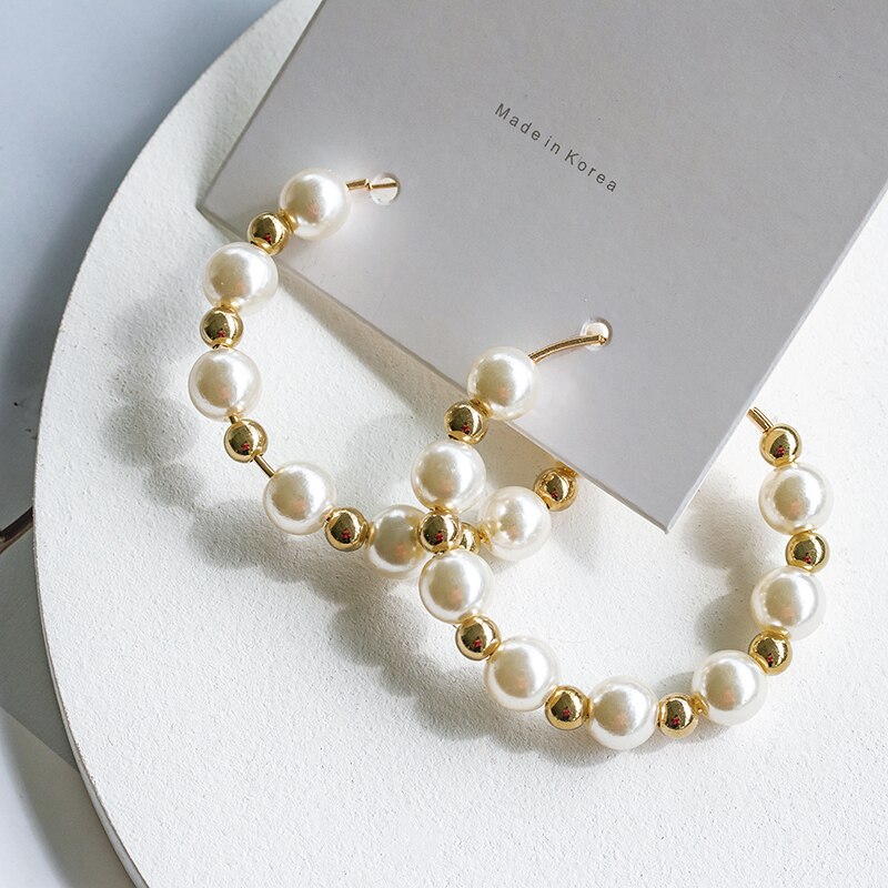 Boucles d'oreilles créoles en perles de culture coréennes, couleur or, simples, en forme de grand cercle, pour femmes, bijoux de mariage: Produit 5