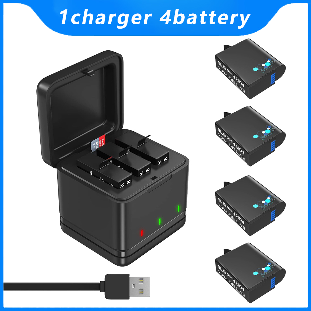 Batería GoPro Hero 5/6/7/8 y cargador rápido tipo C, batería de 1800 mAh para cámara de acción GoPro Hero 8 Hero 7 Hero 6 Hero 5 (batería GoPro completamente decodificada): Negro