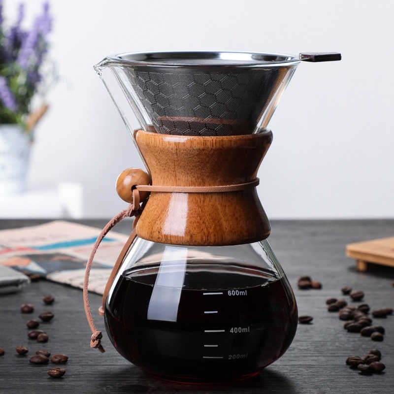 Pour Over Coffee Maker Glass Carafe And Reusable Stainless Steel Permanent Filter Manual Coffee Dripper With Wooden Sleeve