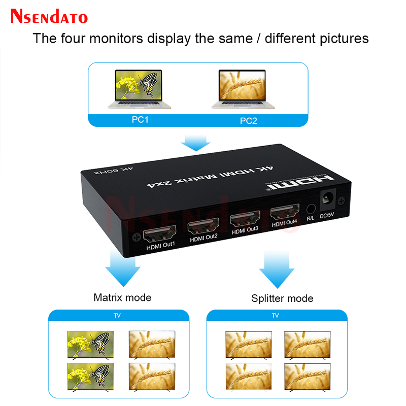 2x4 HDMI Matrix Switch 4K 60Hz HDMI Matrix 2 in 4 out Matrix HDMI Switch Splitter Audio Extractor voor Dolby PC naar TV Monitor
