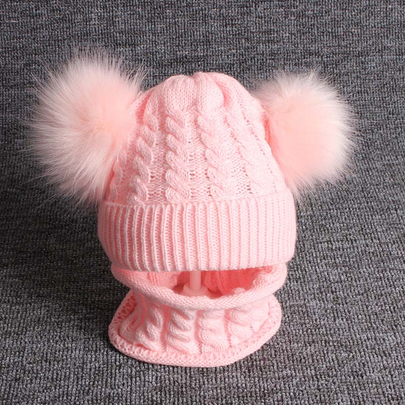 2 stuks/set winter baby muts sjaal schattige dubbele pompon mutsen sjaals gebreide warme baby jongen meisje muts o ring sjaal: 1-3 jaar roze