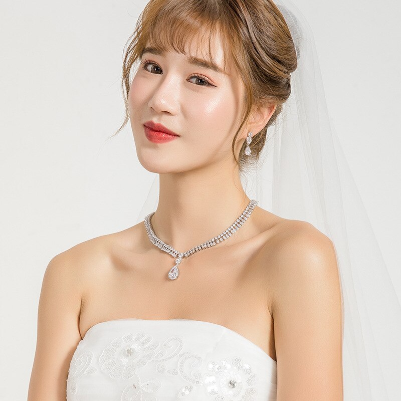 Weimanjingdian Teardrop Zirconia Tennis Ketting En Oorbel Bruiloft Sieraden Set Voor Vrouwen Party