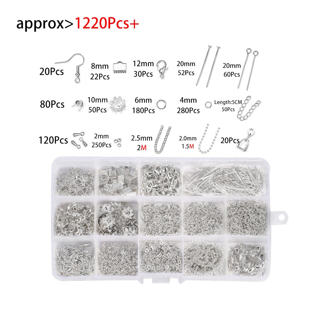 1220 Stks/set Oorbellen Haak Keten Open Jump Ring Headpins Diy Voor Ketting Bracelect Sieraden Maken Kits Vinden Benodigdheden Sets: Silver