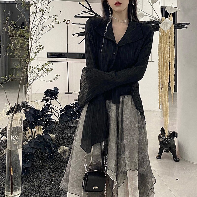 Karrcat gótico preto camisas irregulares yamamoto estilo alargamento manga blusa escuro estético grunge roupas harajuku shopping goth topos