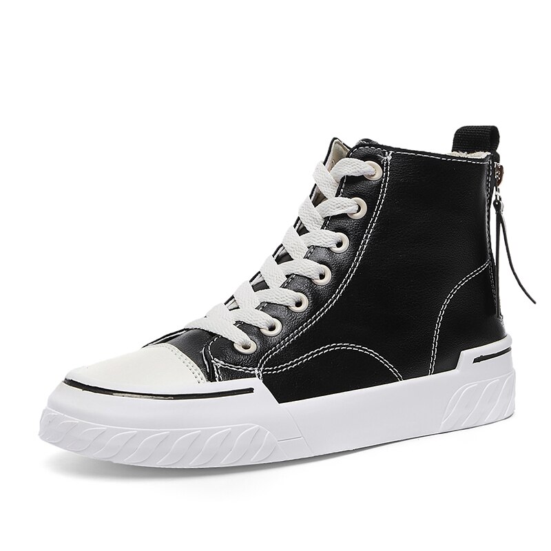 Herfst effen dames high-top skateboardschoenen klassiek wit zwart comfortabele platte schoenen: Zwart / 5