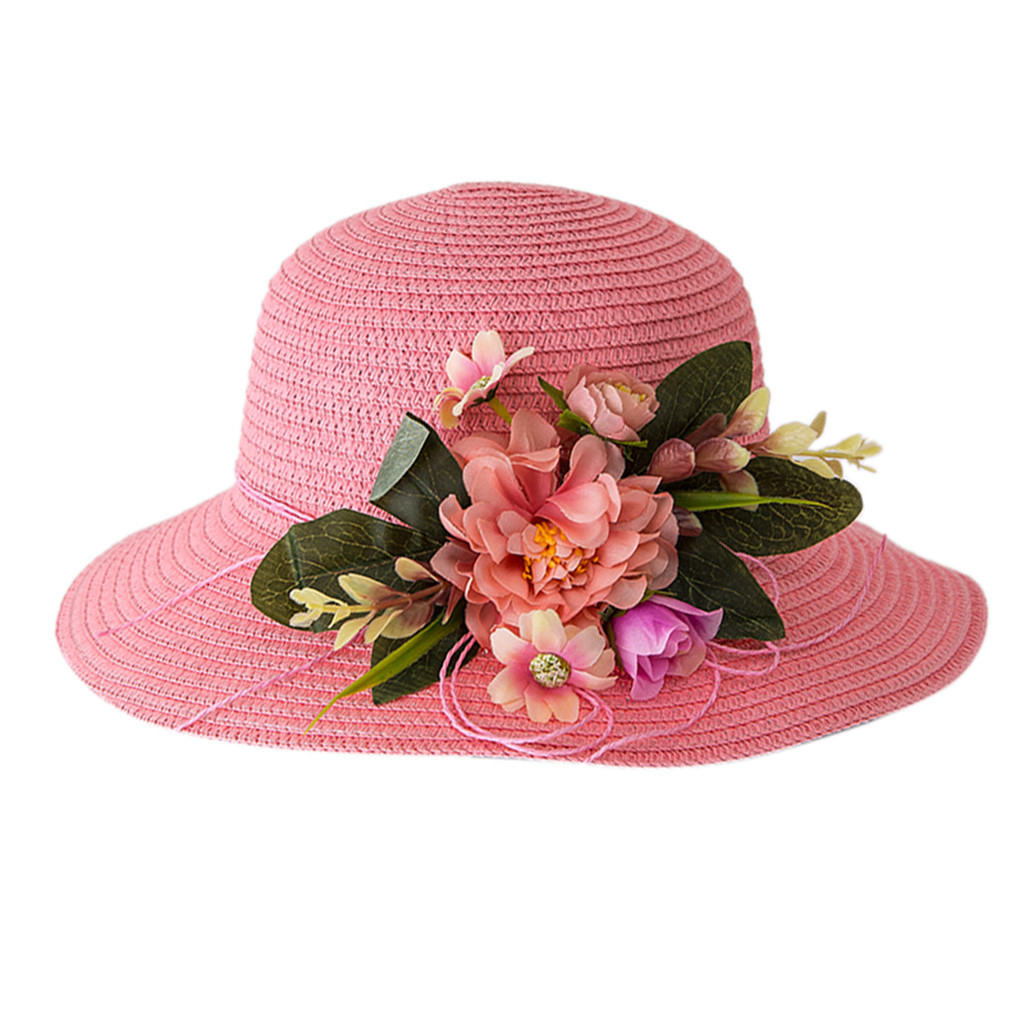 Sombrero transpirable de flores para niña de 2 a 6 años, sombrero de paja para playa, accesorios para el cabello: Pink