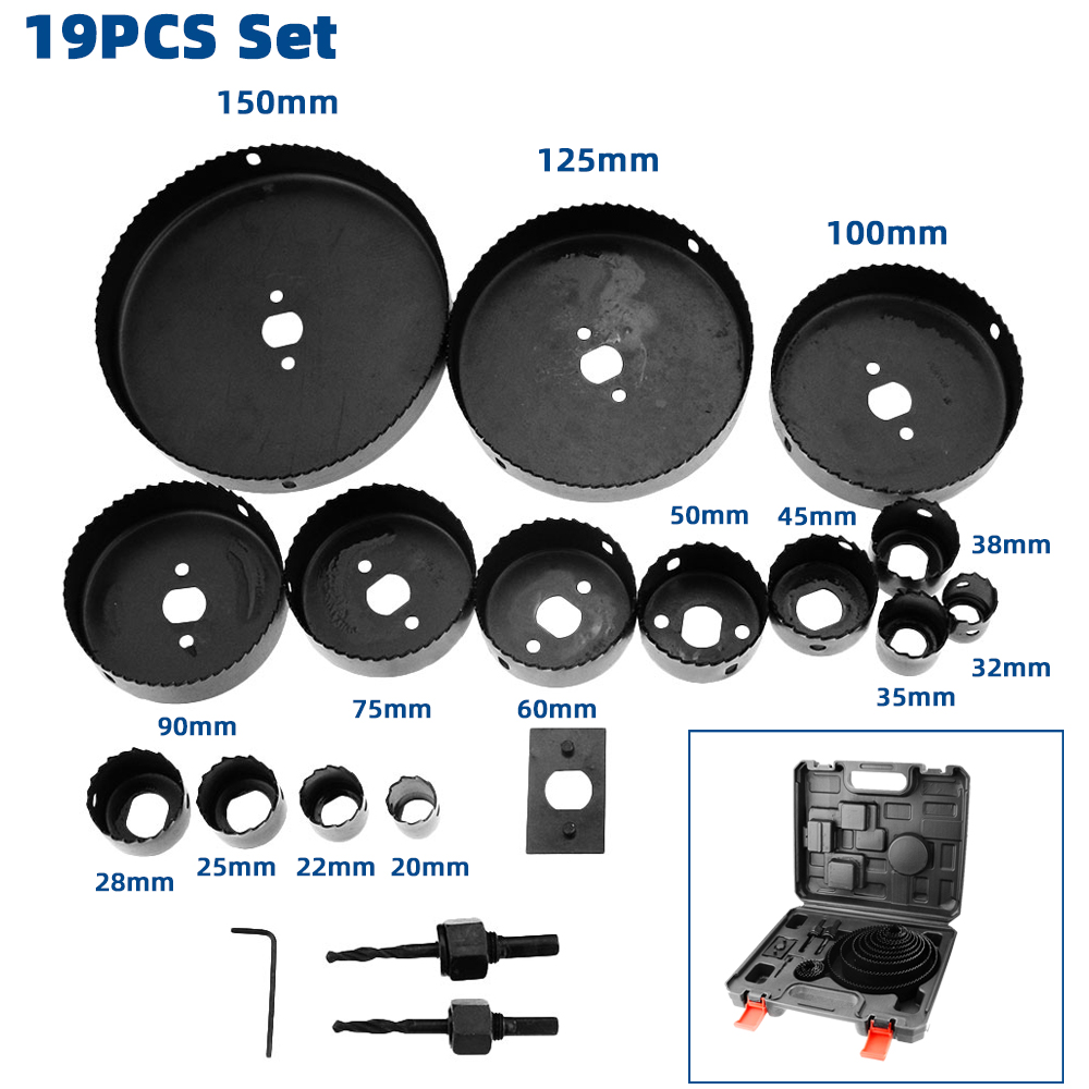 Hout Boor Set 8/11/16/19Pcs Gatenzaag Boor Cutter Carbon Staal Houten Kern boor Hole Cutter Boren: 19PCS
