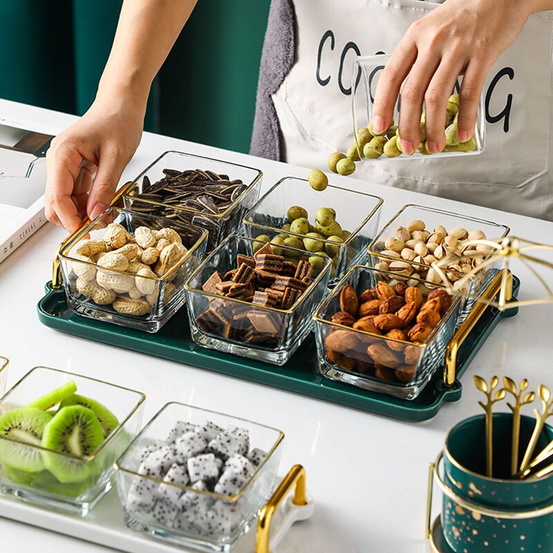 Plateau en verre doré, séparation des fruits secs, bol de séparation des aliments, plateaux décoratifs pour la maison, assaisonnement de cuisine, combinaison de vaisselle