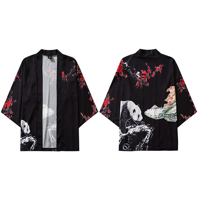 Kimono japonais veste Panda peinture imprimer hommes Harajuku Streetwear veste manteau décontractée mince robe japon Style: A226095 Black / Asian XL