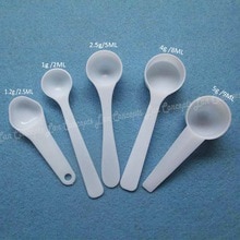 50 unids/lote PP de alimentaria cuchara medidora de plástico 1g 2ml 1,2g 2,5 ml 2,5g 5ML 4g 8ml 5g 9ml para la opción-blanco