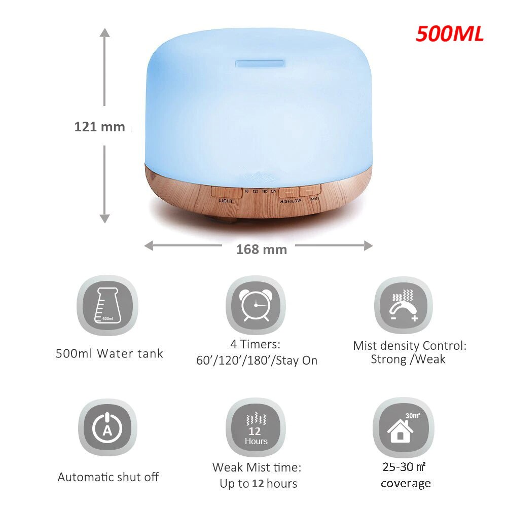 1pcs Air Humidifier Essential oil diffuser 500ML Ultrasonic Cool Mist Maker Fogger Humidifier LED Lamp Aroma Diffuser Electric