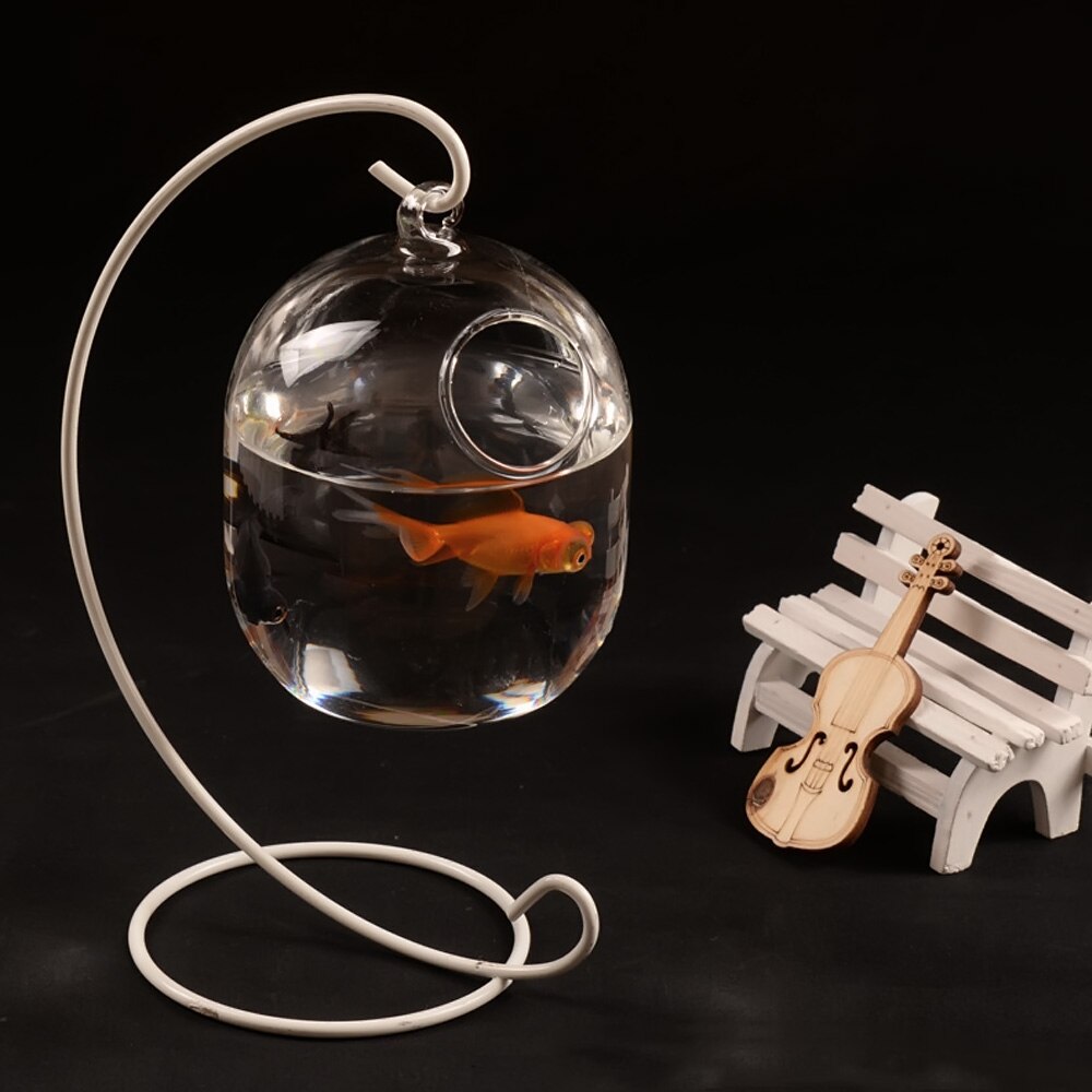 Behokic Clear 12cm Height Hanging Glass Aquarium Fish Bowl Fish Tank Flower Plant Vase with 23cm Height White Rack Fishbowls
