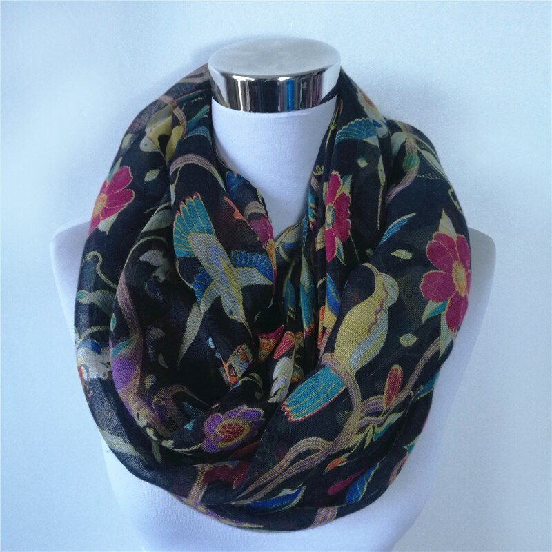 Magpie Bird print Viscose Match Ipek Esarp loop Scarves Flower Infinity Scarf spring Wraps ring scarf for women