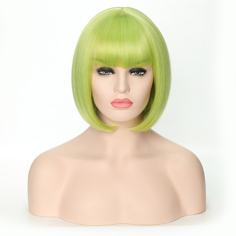 Lanyi kort lichtrood steil bobkapsel met pony synthetisch haar voor vrouwen 12 cm hittebestendige vezels dagelijkse natuurlijke pruiken: Lichtgroen