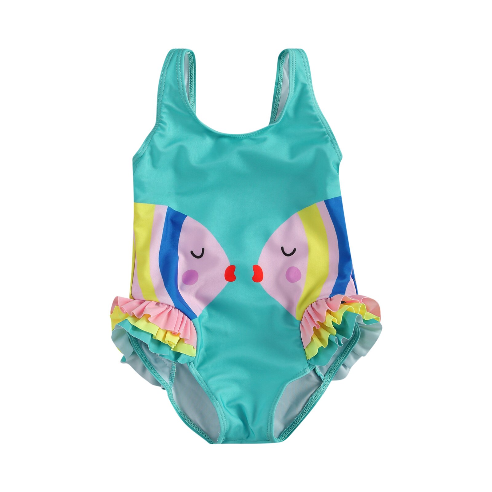 Kids Girls One-Piece Swimsuit, Cute Cartoon Print Cut Out Knot Back Ruffle Bathing Suit