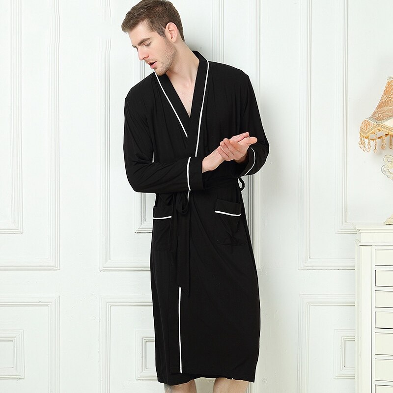 Bamboo Fiber Men Bathrobe Stain Robe Man's Sleepwear Soft Nightgown for Male Pajamas Gown Lounge Wear Nature Bamboo Summer: Black / L(160-170cm)