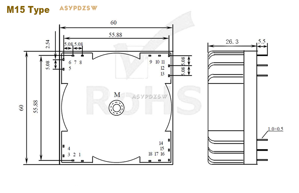 Il quadrato verde 15W 15VA ha sigillato i trasformatori toroidale M15-04 il ca doppio di tensione di uscita 15V(2*15V)