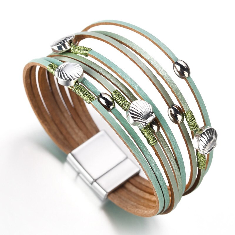 Amorcome boêmio concha de metal charme colorido pulseira de couro para mulheres moda boho multicamadas ampla wrap pulseira 2020 jóias: Green