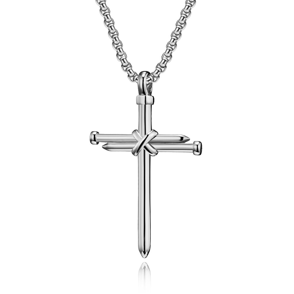 Collier pendentif croix à ongles pour hommes, boîte à bijoux chrétien à la , chaîne en acier inoxydable, couleur or noir: Silver / None (only pendant)