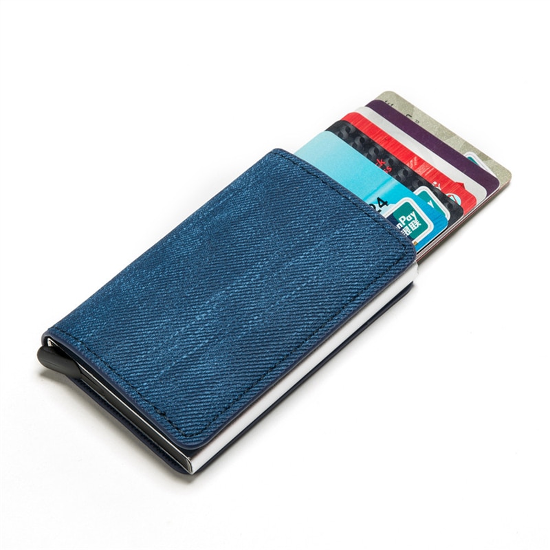 Porte-carte d'affaires bleu/gris/cuir synthétique polyuréthane marron et alliage d'aluminium matériel porte-carte de crédit portefeuille