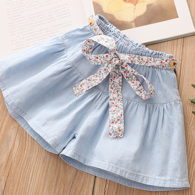 2021 Hot Summer Casual 3 4 5 6 7 8 9 10 11 12 anni Baby Child pantaloncini di jeans larghi in cotone tinta unita con cintura per bambini ragazze