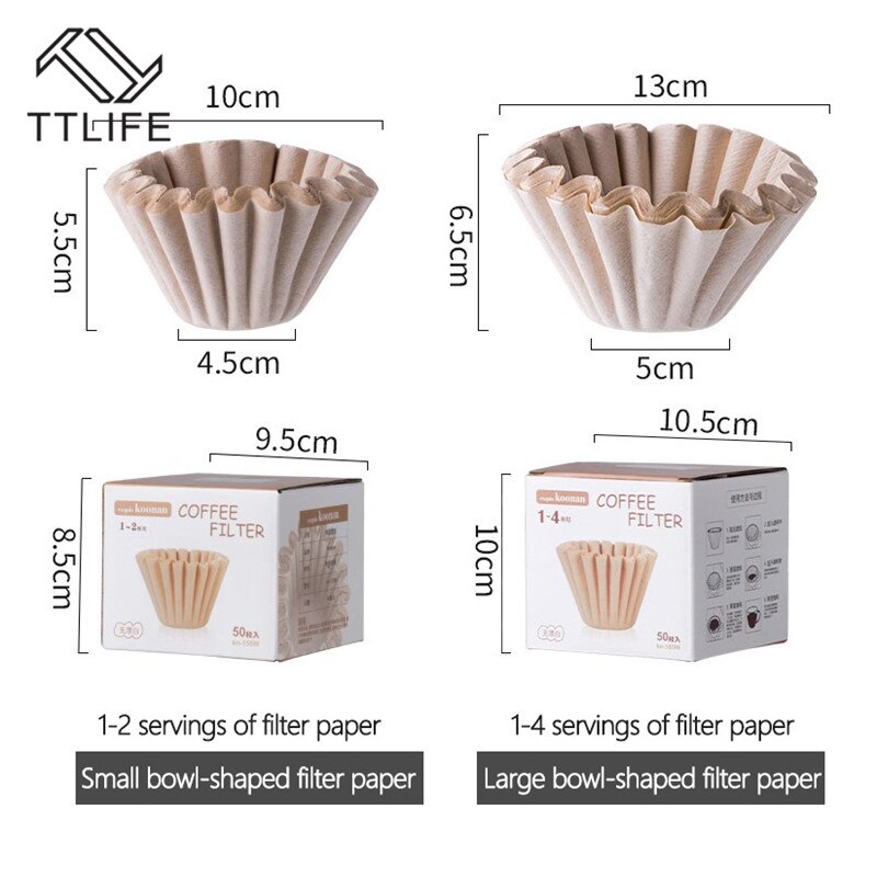 50 Uds cesta de papel de filtro para café para 1-4 tazas o 1-2 tazas marrón Natural sin blanquear Biodegradable para café por goteo para Barista