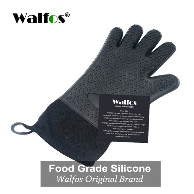 WALFOS long silicone kitchen glove-BBQ grill glove heat resistant cooking glove for grilling microwave oven mitts glove: Black