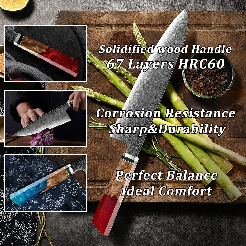 Japanese Kitchen Knives VG10 Damascus Steel Chef Cooking Tools Nakiry Utility Santoku Knife Maple Handle Red Blue Colors