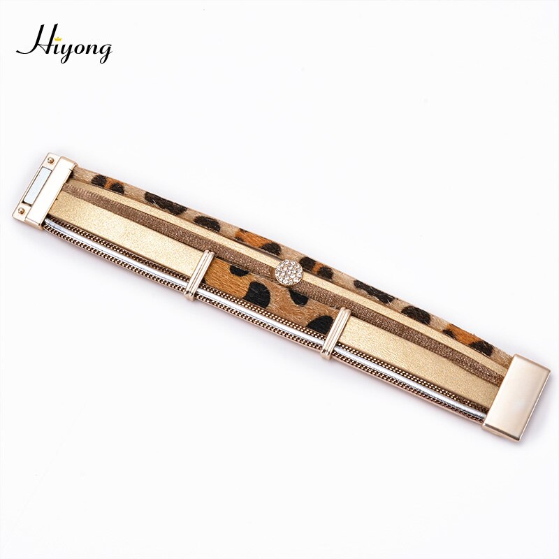 Hiyong Pu Lederen Armband Multilayer Crystal Magneet Gesp Armband Dames Leopard Wrap Armbanden Bohemian Stijl Sieraden