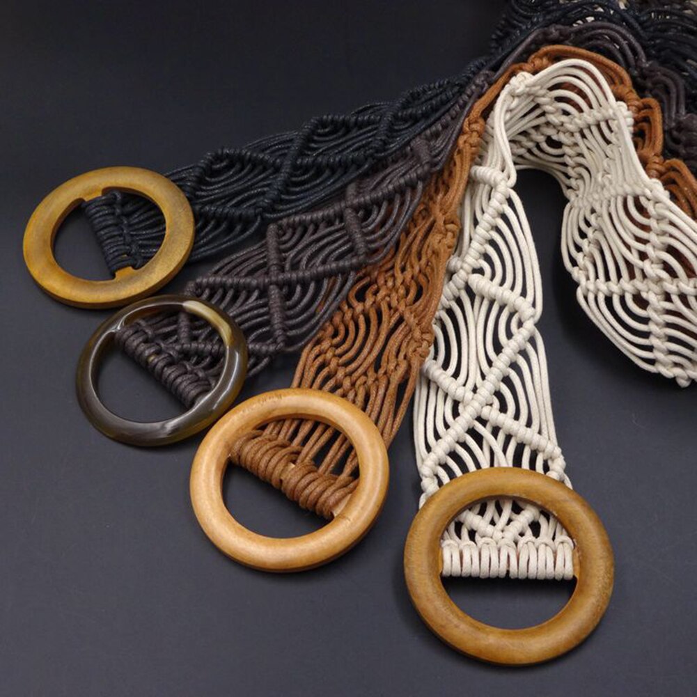 Hebilla de madera redonda trenzada a mano para mujer, Cinturón liso de Estilo bohemio, cuerda de cera, cinturón de punto, cinturones informales de color caqui para mujer,